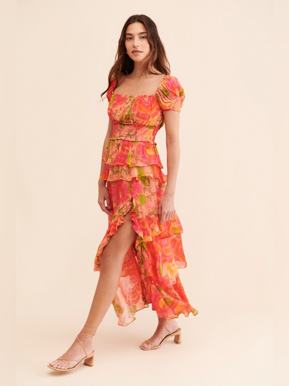 Farm Rio Blooming Floral Maxi Tiered Dress Pink Red Multi XL